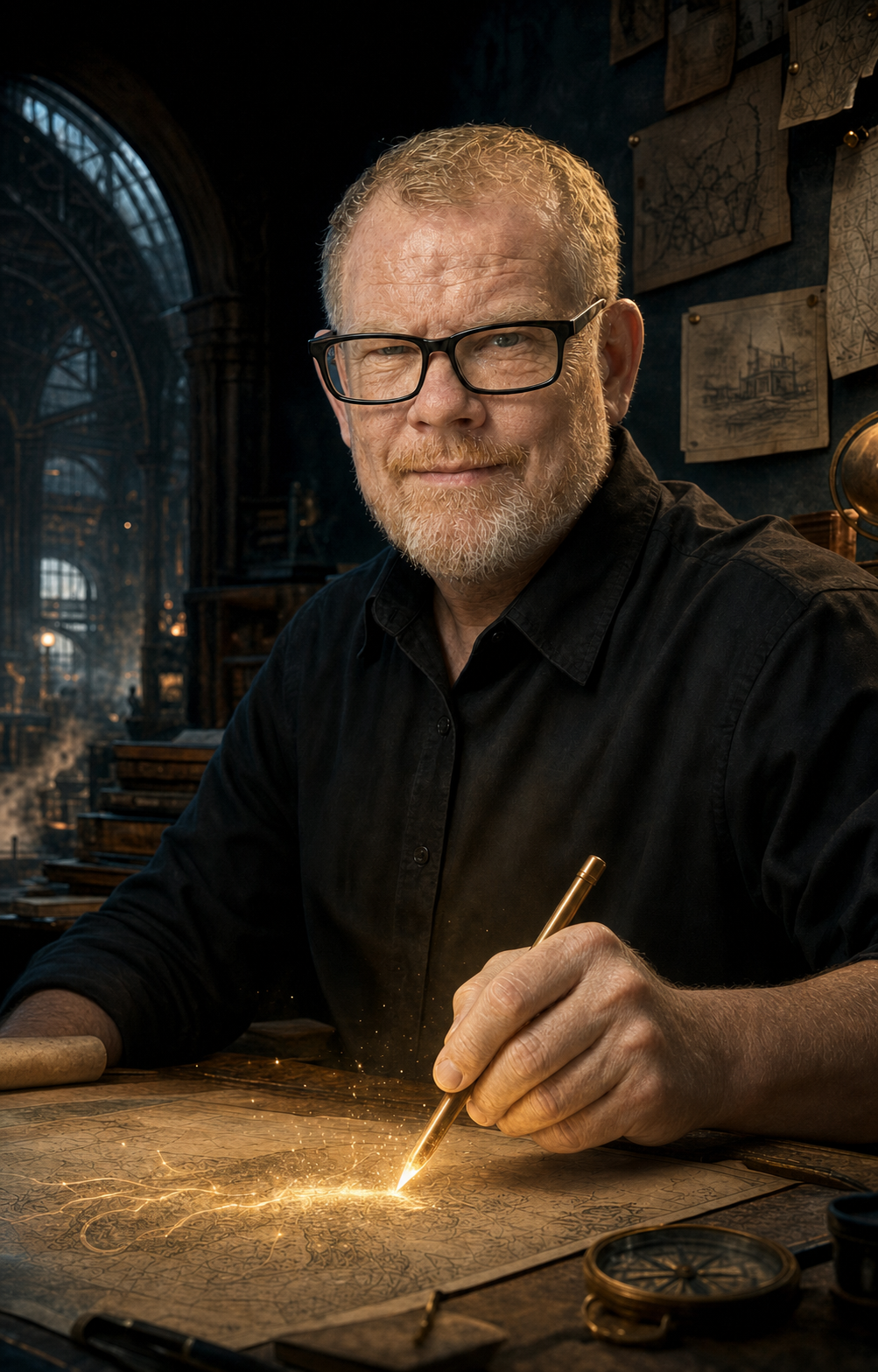 Björgvin Guðjónsson drawing the Living Atlas left-handed with a luminous brass pencil